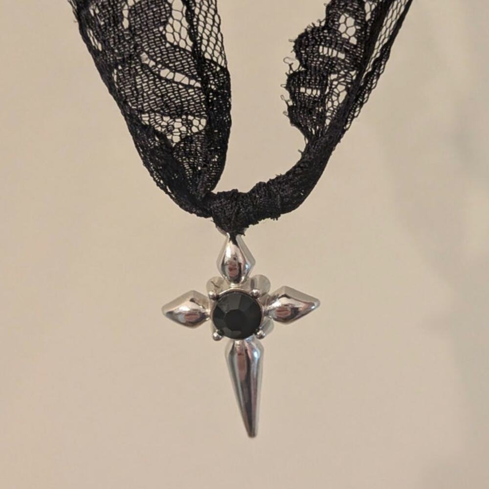Handmade Gothic Grunge Lace Cross Charm Necklace - Picture 3 of 4